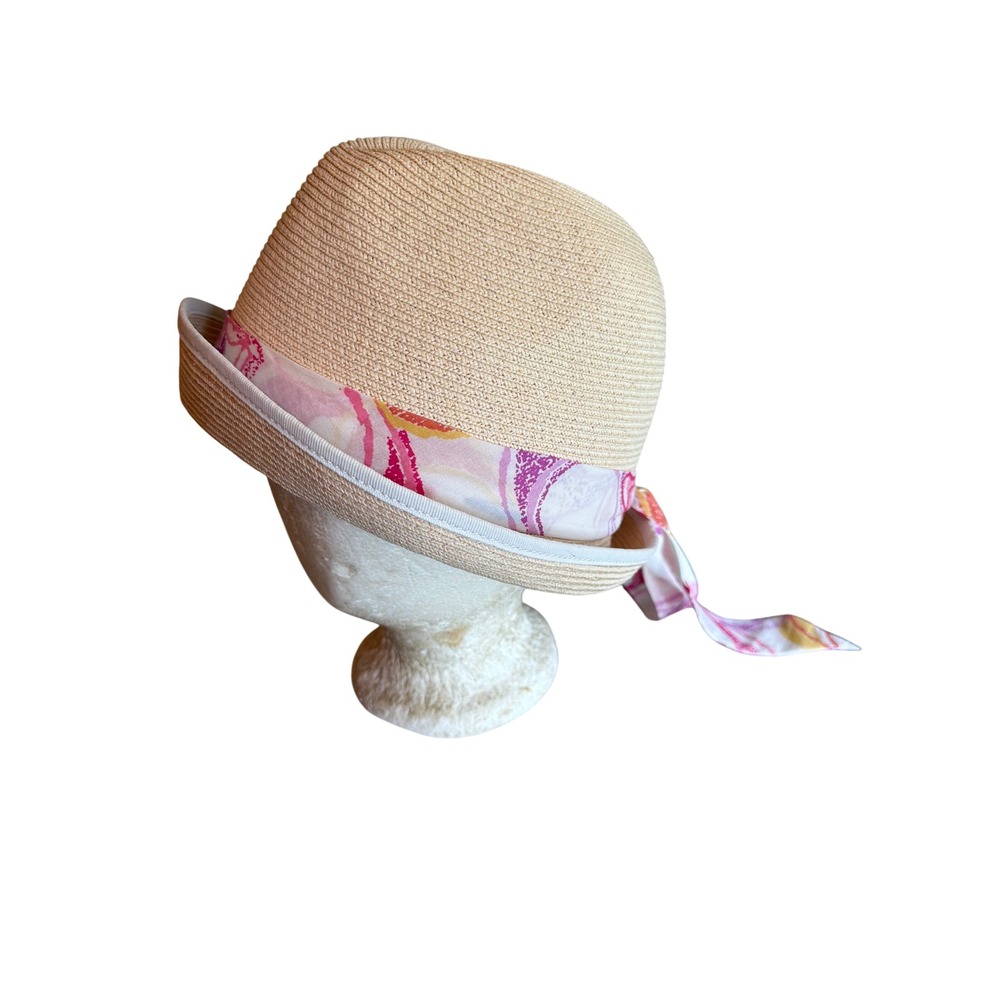 Coach Fedora Hat Beige Straw Scarf Tie XS/S Summer Vacation Sun Hat Floral Trim